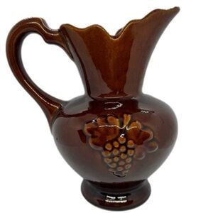 Vintage Brown Drip Grape Ceramic Pitcher Planter with Scalloped Top